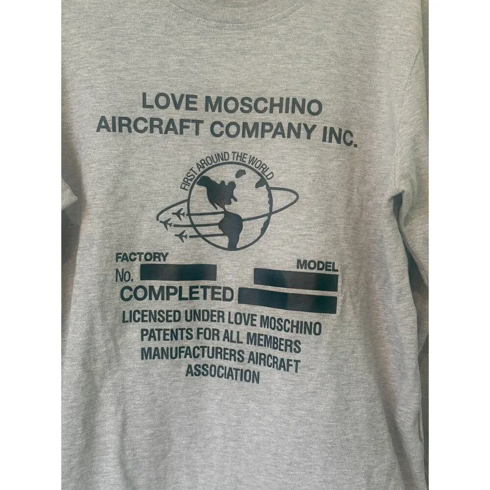 Love Moschino Aircraft Print Shirt Mens L Gray Long Sleeve Sweatshirt Pullover - Picture 3 of 12